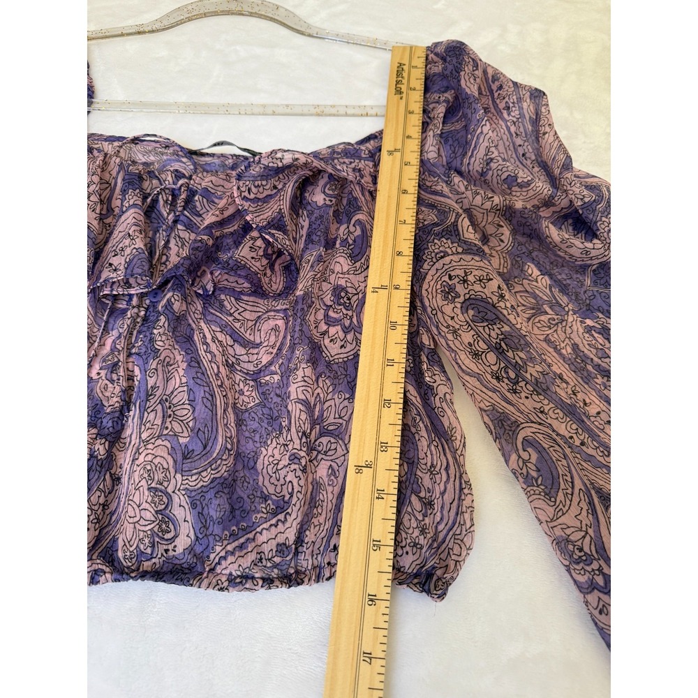 ZARA Womens S Sheer Paisley Crop Blouse Purple Pink Long Sleeve Boho Peasant Top - Picture 6 of 8